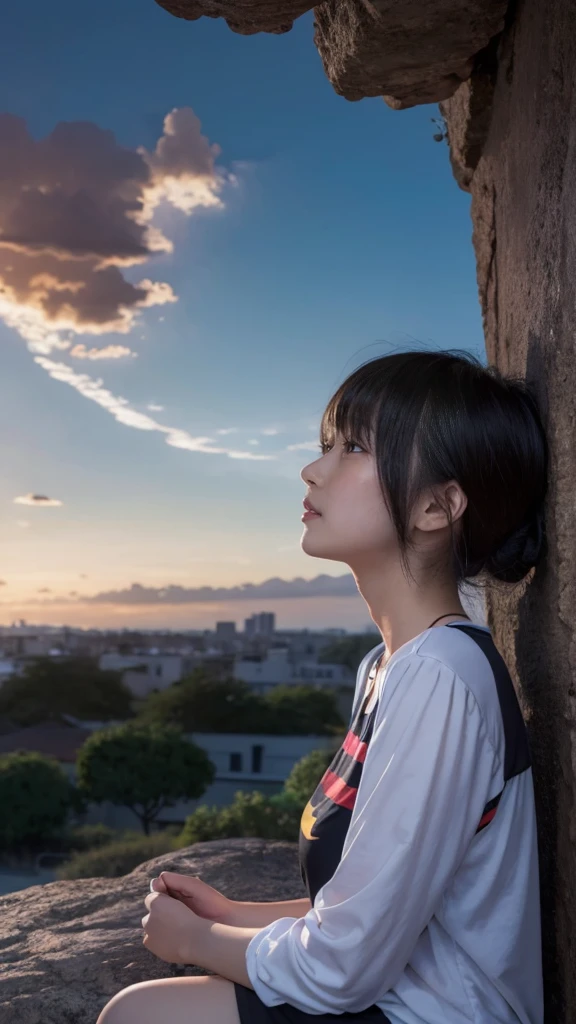 Anime girl sitting on a rock looking at the sky,A tower piercing the sky in the distance, makoto shinkai cyril rolando, anime art wallpaper 4k, anime art wallpaper 4k, Cyril Rolland and Goro Fujita, anime art wallpaper 8k, 4k anime wallpaper, anime wallpaper 4k, anime wallpaper 4k, ( ( makoto shinkai ) ), makoto shinkai!