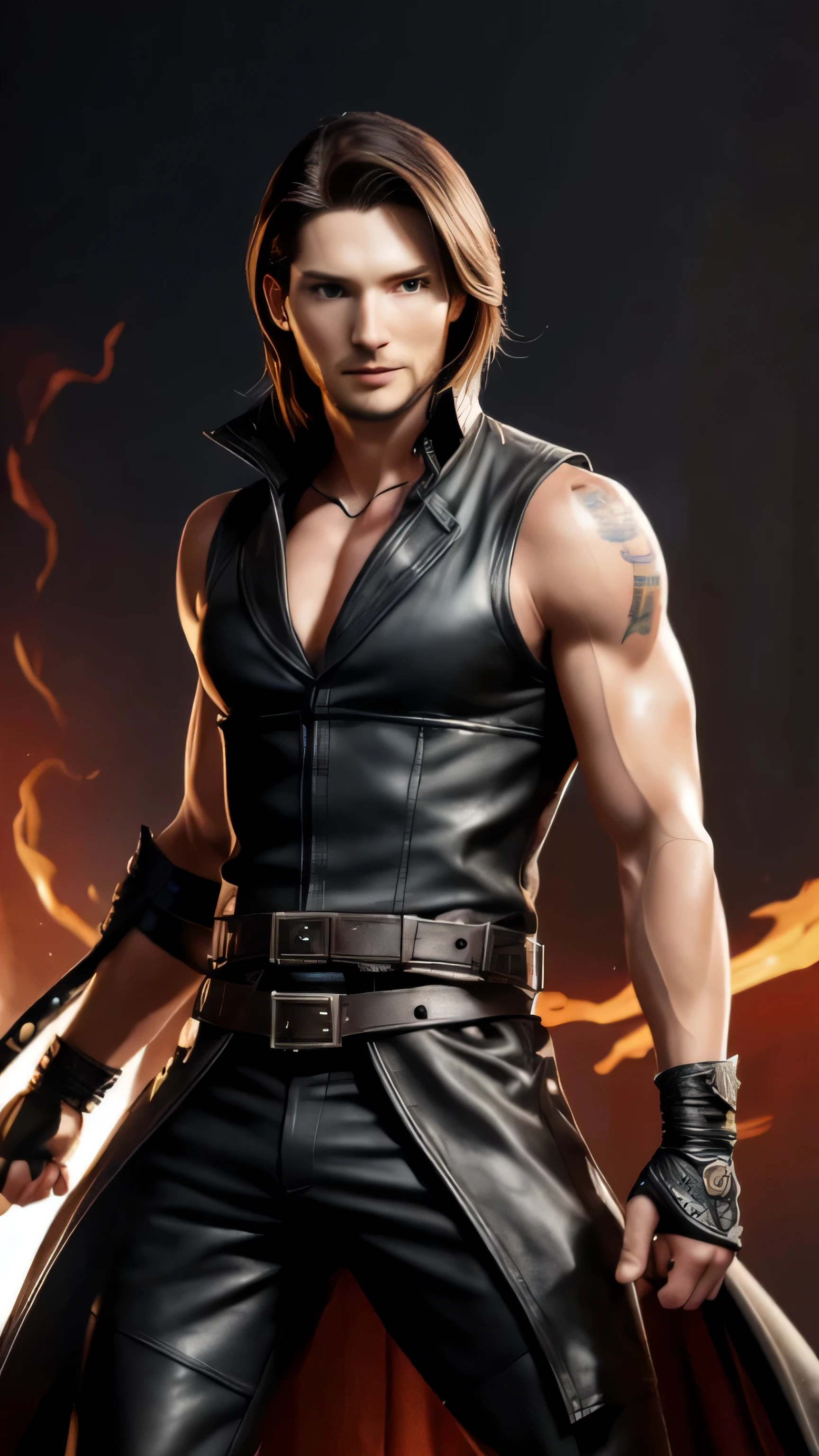 (Ben Barnes) as Mavado from Mortal Kombat, grappling hooks, black sleeveless leather trench coat, the emblem of the Red Dragon clan, black tight-fitting leather pants, leather arm wraps, 1man, solo, full body view, front view, looking at viewer, intricate, high detail, sharp focus, dramatic, photorealistic painting art by greg rutkowski