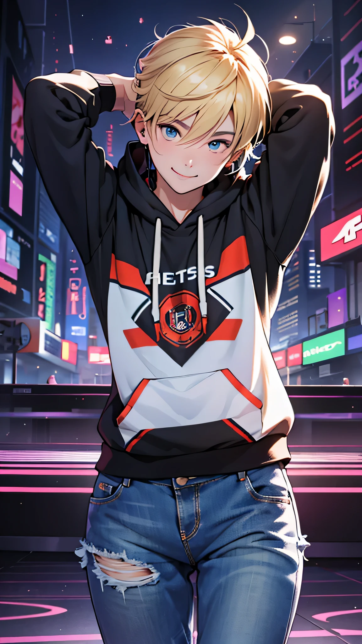 最high quality、Best image quality、masterpiece、male((20-year-old、Blonde、Shortcuts,Black hoodie、Blue denim trouseressy Hair、Muscle chamber、smile、earphone jack、dance)),high quality、Beautiful art、background((Disco、Dance Party、Night Party))、Flight、Flying debris、Written boundary depth、movie、Visual Arts、Perfect art、8K,Genuine、