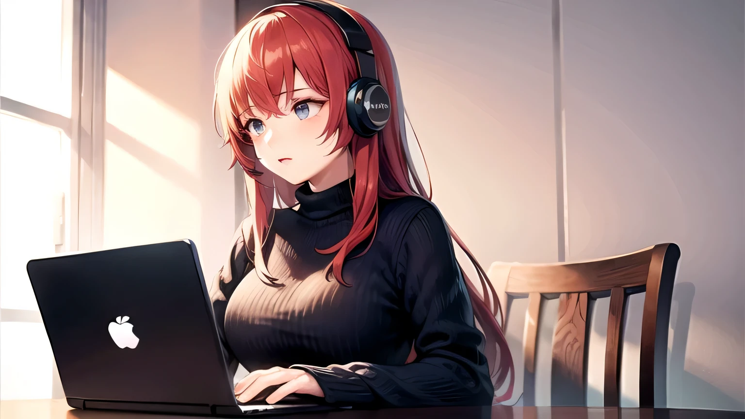 garota com laptop e fones de ouvido escutando lofi e estudando ela tem um ros lindo e tem cabelos longos escuros e vermelhos cabelos longos, big hair with red hair and I don&#39;t want her face to show too much reddish hair I want her hair with dark highlights put on headphones and she is reading a book attentively she is reading manga