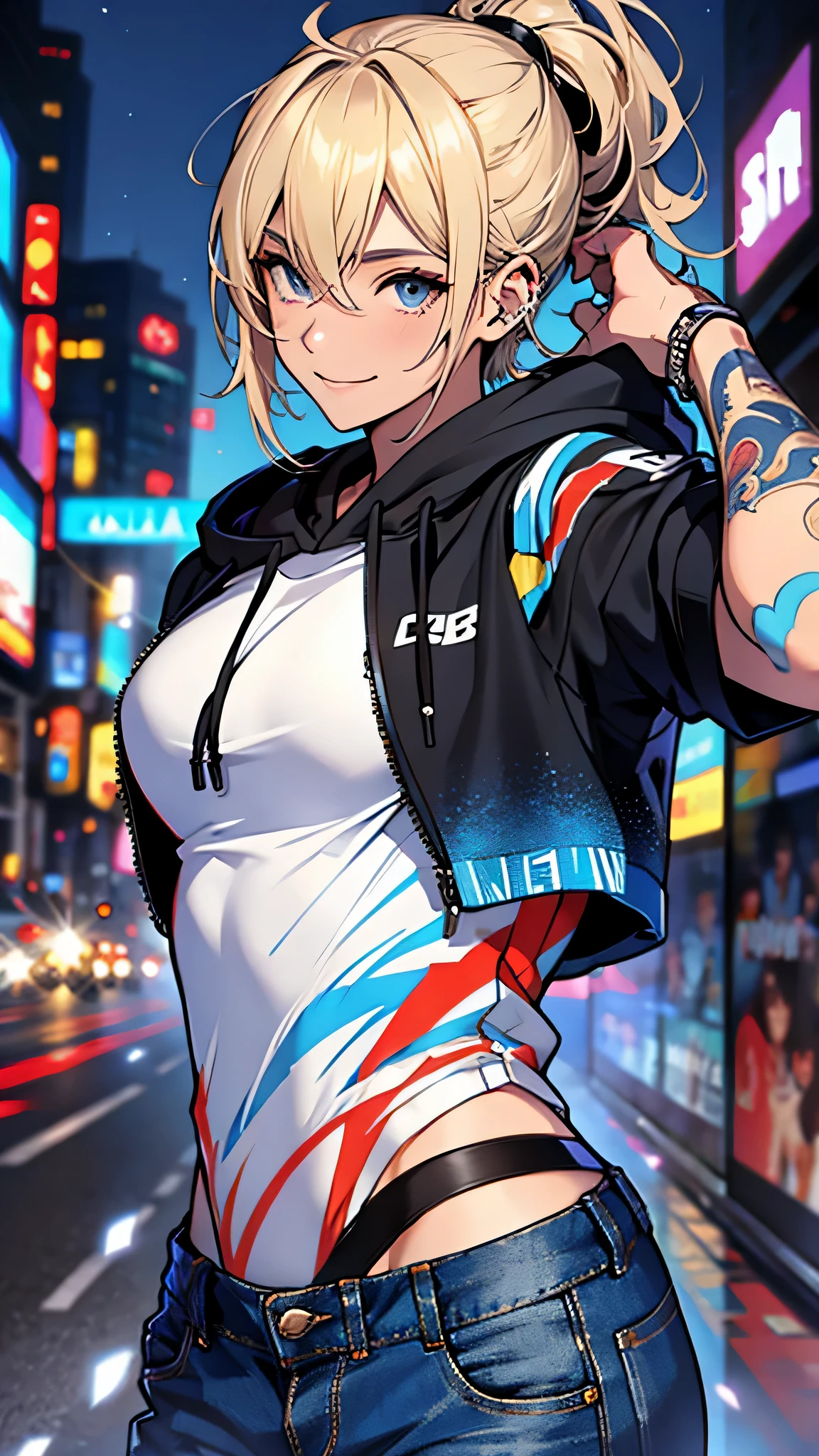 最high quality、Best image quality、masterpiece、male((20-year-old、Blonde、Shortcuts,Black hoodie、Blue denim trouseressy Hair、Muscle chamber、smile、earphone jack、dance)),high quality、Beautiful art、background((Disco、Dance Party、Night Party))、Flight、Flying debris、Written boundary depth、movie、Visual Arts、Perfect art、8K,Genuine、