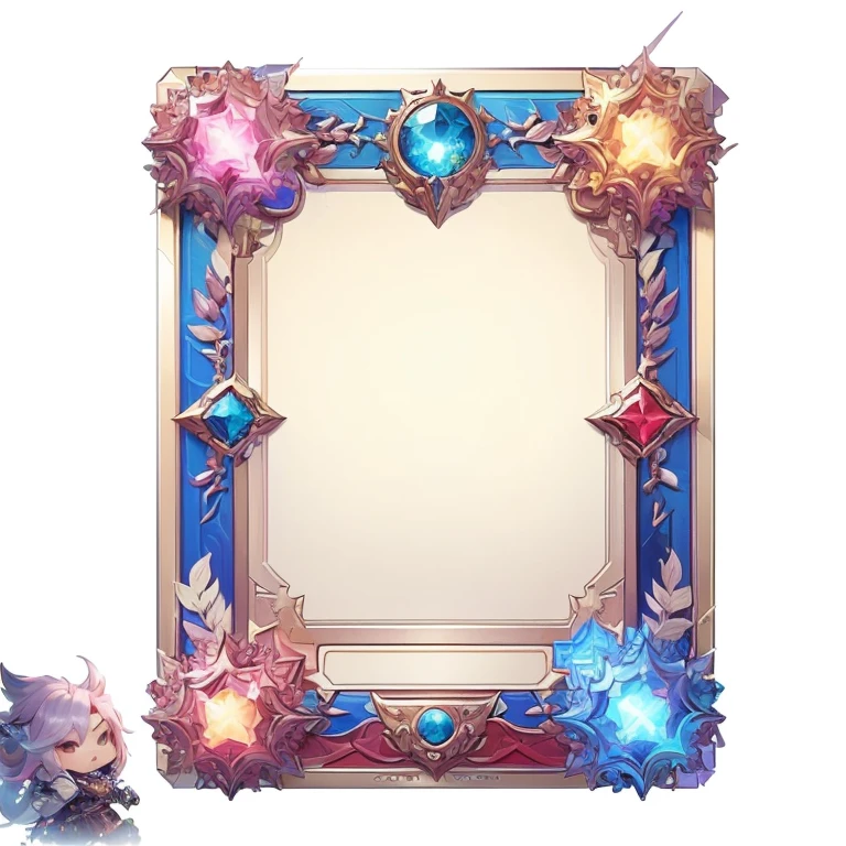 Game style card template Chibi. with elements of power, protection and a special detailed square frame at the bottom. Beautiful colors. There is no picture in the middle of the card, the middle is a blank background. Bright, fantasy colors. 4K picture quality.