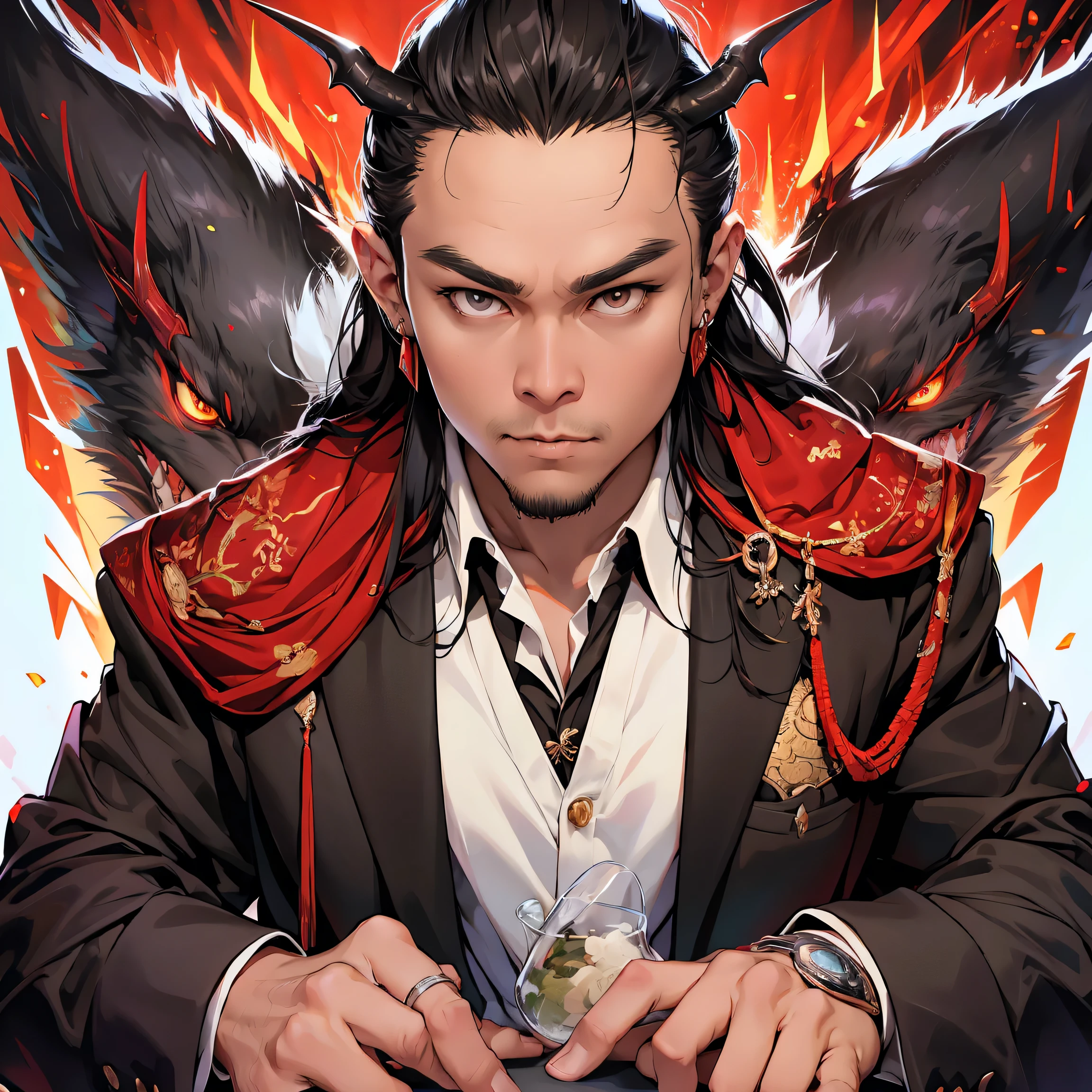 Cartoon man in a suit and tie，There is a dragon in the background, Dragon Pattern Set, author：Yang Jie, Human-dragon fusion, Handsome Japanese demon boy, Handsome guy in the art of slaying demons, epic elegant portrait, Trendin on artstation, author Oliver Sin, Crimson clothing, black and red suit, Very detailed and beautiful fan art, Handsome male vampire