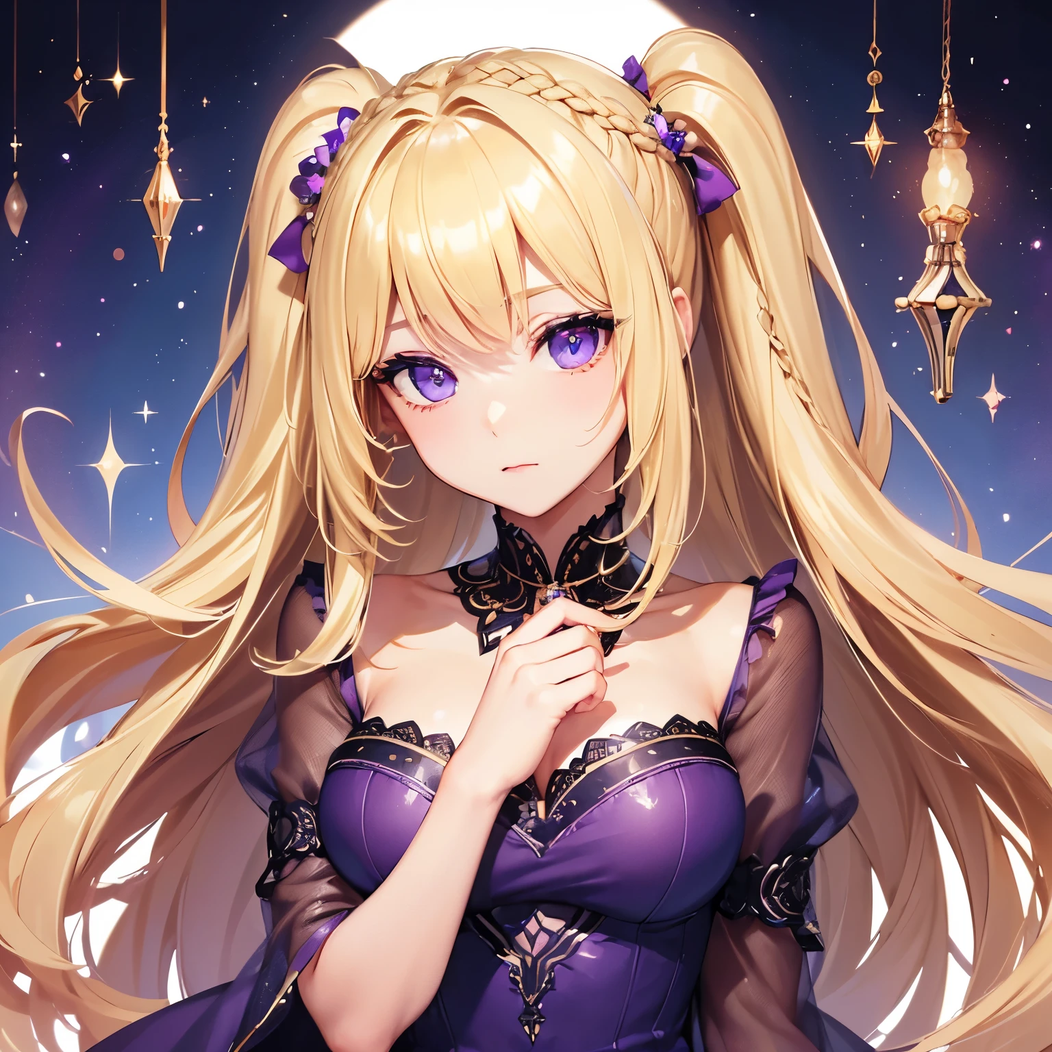 ultra quality,detailed, masterpiece, 16k, high resolution, beautiful, amazing, charming, elegant, stylish
BREAK
1 girl, 24 years old, ((adult female:1.2)), Height is 154cm, ((Bust size is 94cm))
BREAK
(((Beautiful blonde, Two side up hairstyle: 1.3))), Beautiful and delicate flowing hair, (Delicate ,detailed ,purple eyes: 1.2), sparkling eyes
BREAK
A purple dress, white frills, and a jewel sparkling on the chest.,(unusual pupils), (glowing eyes), (magic eyes)