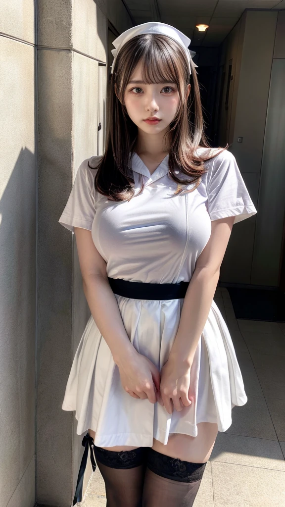 muste piece, best quality, illustration, Super detailed, fine details, High resolution, 8K,wall paper, perfect dynamic composition,(Details High quality, realistic depiction of eyes:1.3), Hospital Rooms、White nurse cap、White tights、White nurse uniform、to stand、Hand skirt、Flipping up a white skirt, large breasts,short bob hair, black hair color, Big Natural Color Lip, bold sexy pose, crying a little、cold gaze, Harajuku style、20 year old girl、cute type、ta、beautiful legs, hposing Gravure Idol