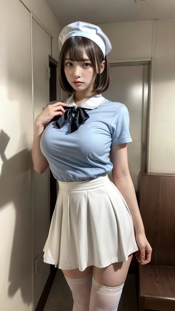 muste piece, best quality, illustration, Super detailed, fine details, High resolution, 8K,wall paper, perfect dynamic composition,(Details High quality, realistic depiction of eyes:1.3), Hospital Rooms、White nurse cap、White tights、White nurse uniform、to stand、Hand skirt、Flipping up a white skirt, large breasts,short bob hair, black hair color, Big Natural Color Lip, bold sexy pose, crying a little、cold gaze, Harajuku style、20 year old girl、cute type、lolita、beautiful legs, hposing Gravure Idol