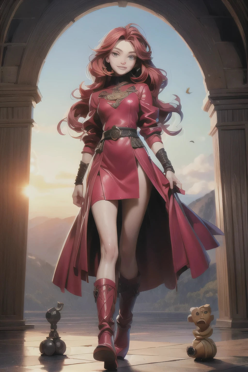 ((mejor calidad)), ((Obra maestra)), (detallado), cara perfecta((mejor calidad)), ((Obra maestra)), (detallado),(( cara perfecta)) ((mejor calidad)), ((Obra maestra)), (detallado), cara perfecta. young girl , , ((goddes of The sun)), red clothes, red hair, full body