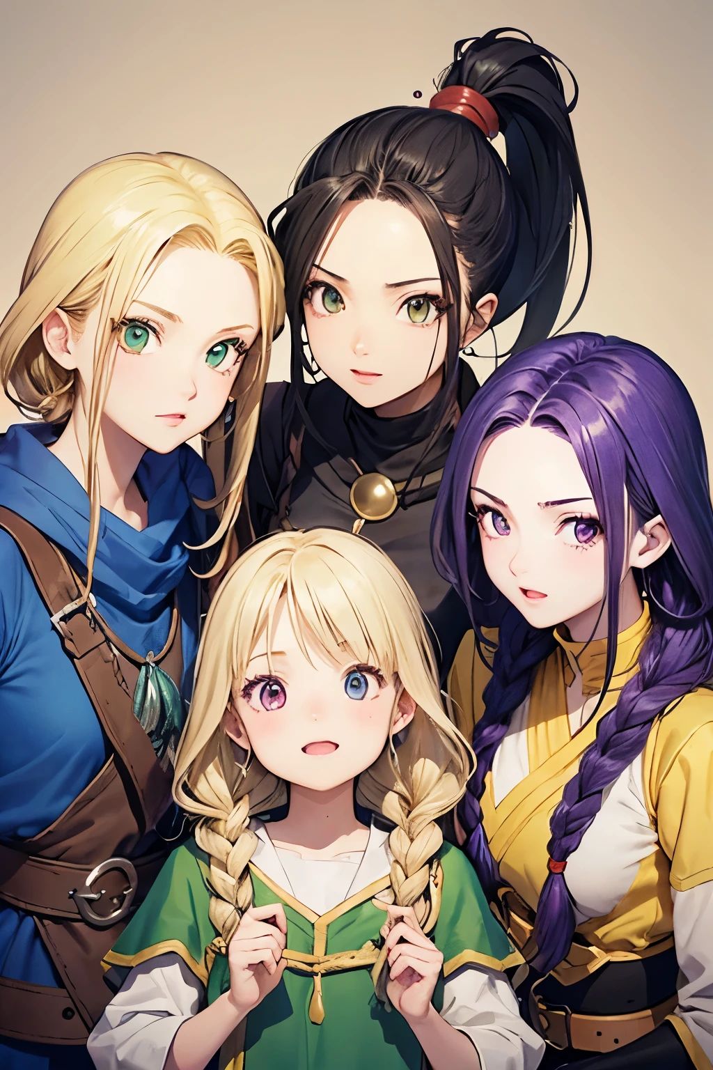 Party of three,Dragon Quest Wind,RPG,All three are female. The first one is an archer with medium-long blonde hair and yellow-green eyes.。
The second is a warrior with black hair in a ponytail and red eyes.。
The third person is a wizard with white braided hair and purple eyes.。