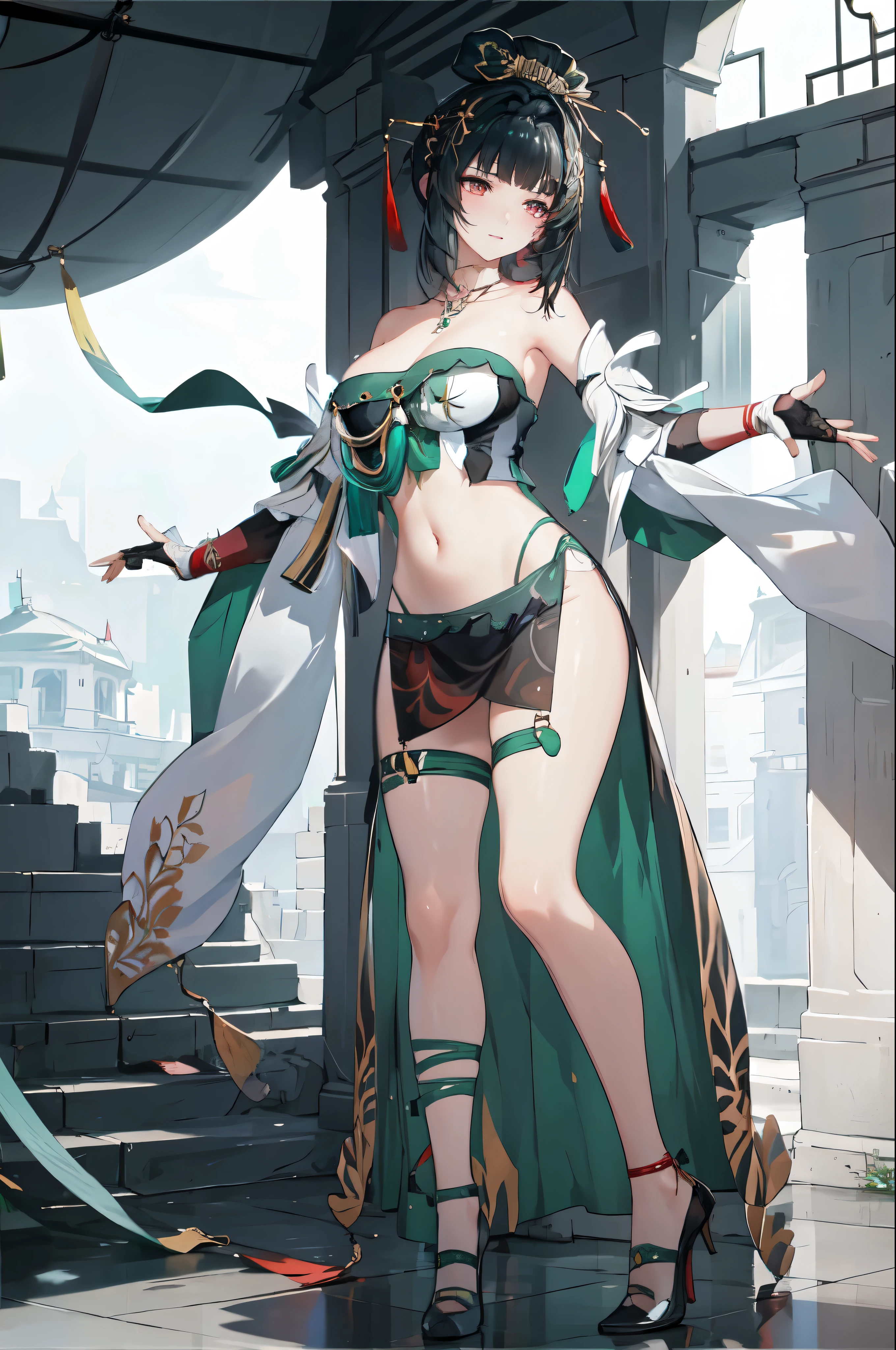 masterpiece, best quality BREAK solo, china dress, highres, 1girl, standing, (large breasts), mature female, hanying, Full body drawing, (masterpiece), (best quality), (hyperdetail), (illustration), ((extremely delicate and beautiful)), (detailed light), (prefect's body), full body drawing, dancer, Hanying, HanYing, sexy, sexy belly, sexy belly line, sexy belly button