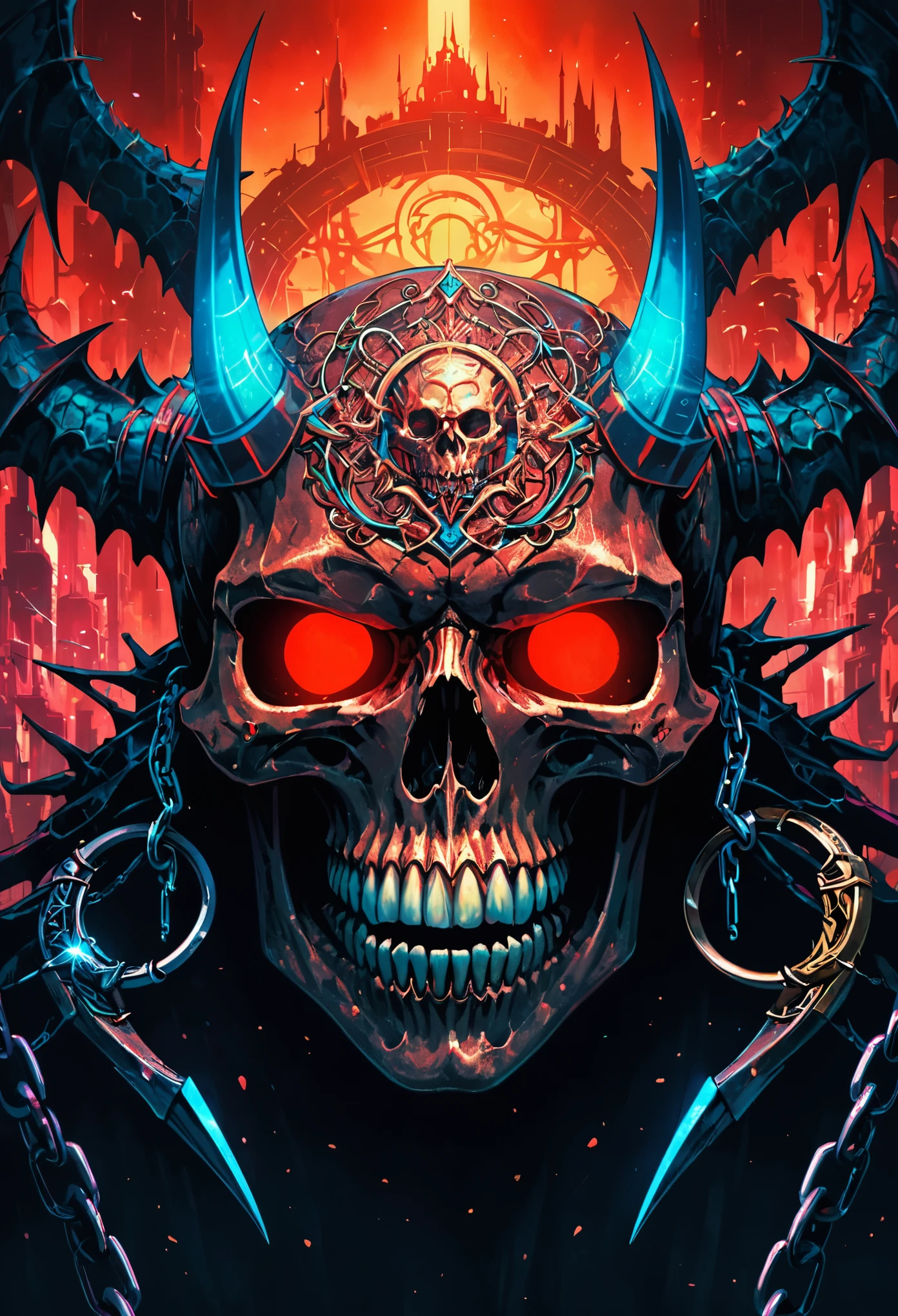 Surrealism, drop shadow, anaglyph, stereogram, tachi-e, pov, atmospheric perspective, 8k, super detail, ccurate, best quality,With glow horns、Close-up of a skull with a red head, Dragon Portrait, by Rostland, Benedict Barna, Morel,(((Multi-metal ring ornaments))),Miracle,Dark atmosphere,Black Forest,((neon glow light)),((Blue arc)),dragon features,Dragon skull,Jewelry accessories,diffraction spikes,Vivid colors、Bokeh、portrait、landscape、fear、cartoon、Sci-fi fi,photography,Concept Artist,Steel Claws,Steel Fangs,word graffiti,Blue Arc Link,Metal chain,