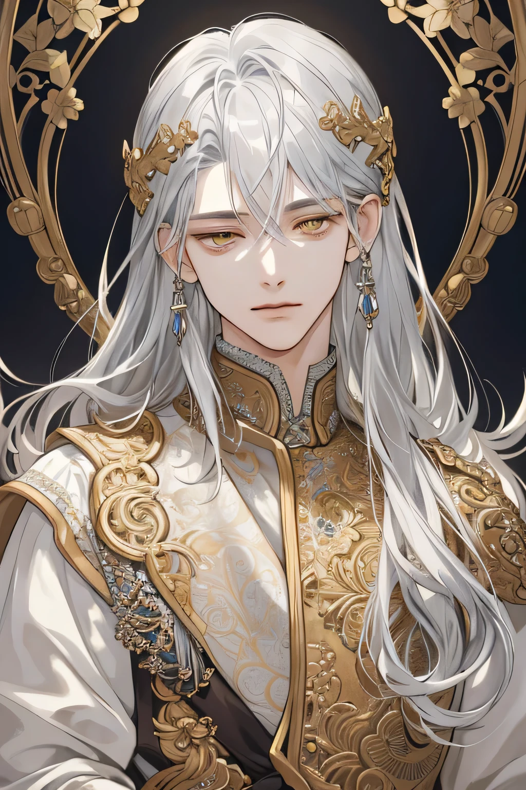 (extreamly delicate and beautiful:1.2), 8K,(masterpiece:1.0),(best_quality:1.0), 1 boy, and intricate detailing, Enlarged textures, and intricate detailing, finely eye and detailed face, and intricate detailing, shiraga, long hair silver, (closed mouths), Perfect eyes, Equal eyes, golden eyes (A male god)