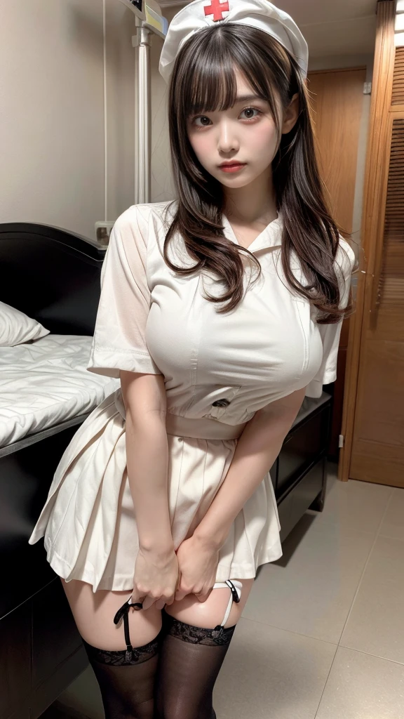 muste piece, best quality, illustration, Super detailed, fine details, High resolution, 8K,wall paper, perfect dynamic composition,(Details High quality, realistic depiction of eyes:1.3), Hospital Rooms、White nurse cap、White tights、White nurse uniform、to stand、Hand skirt、Flipping up a white skirt, large breasts,short bob hair, black hair color, Big Natural Color Lip, bold sexy pose, crying a little、cold gaze, Harajuku style、20 year old girl、cute type、lolita、beautiful legs, hposing Gravure Idol
