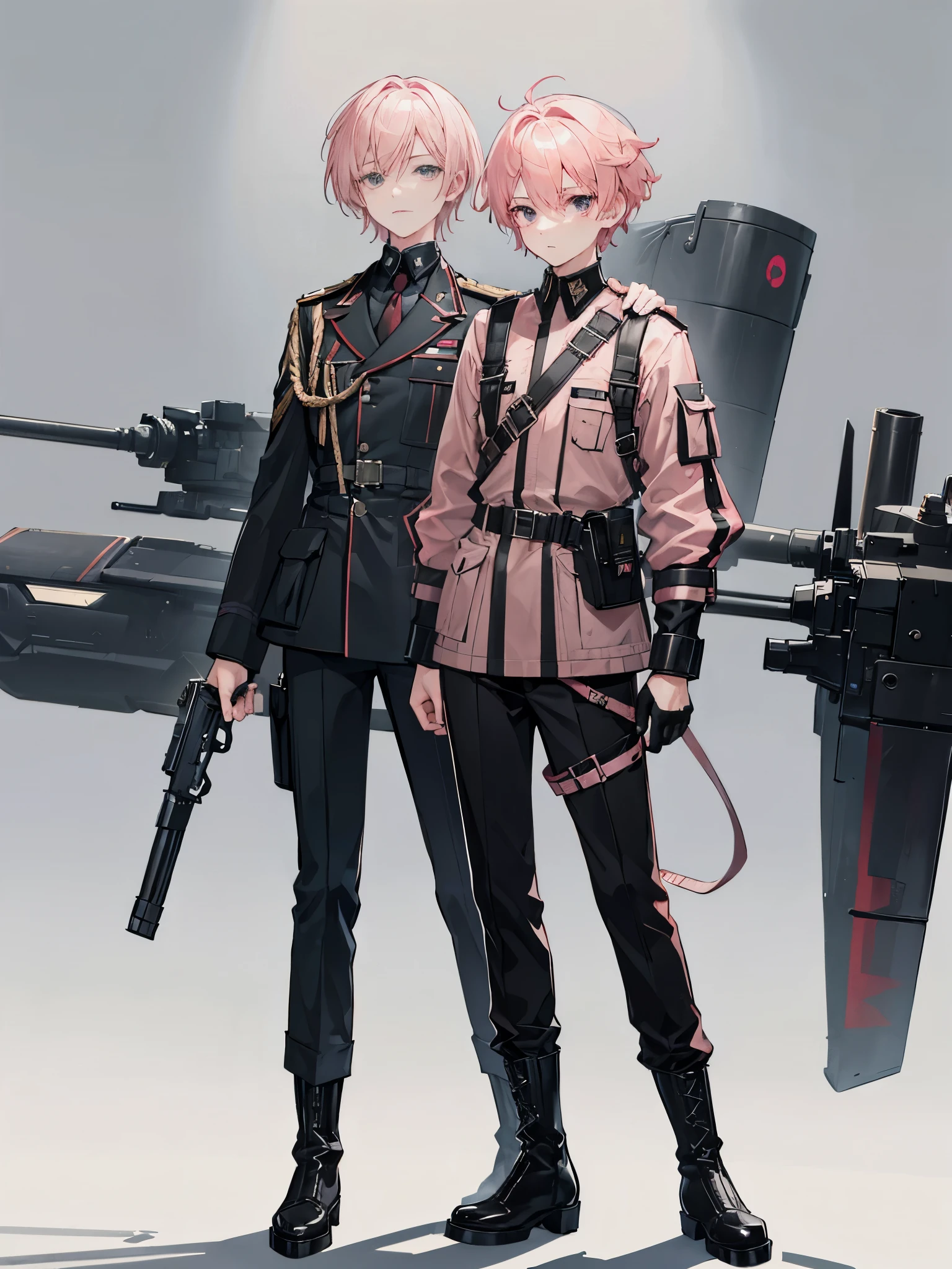 male, light pink hair, black eyes, ((armed shoulder strap)), military uniform, ((Military jacket)), ((Long boots)), ((full body)), ((a boy)), short hair, luftwaffe, trousers