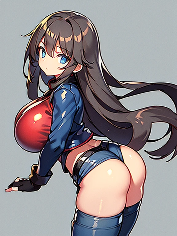 A Cute Girl, with Long Dark-Brunette Hair, Beautiful Blue Eyes, (Very Extremely Huge Breasts), (Super Gigantic Butt), normal waist, (Very Wide Hips), and is 5’6ft tall. Wearing an (Old Black Leather Jacket), a (Low Cleavage, Red Shirt), (weathered Dark-Blue Jeans), Grey Boots, and Black fingerless Gloves. In a Forest at night, with a Focused and Cautious expression.