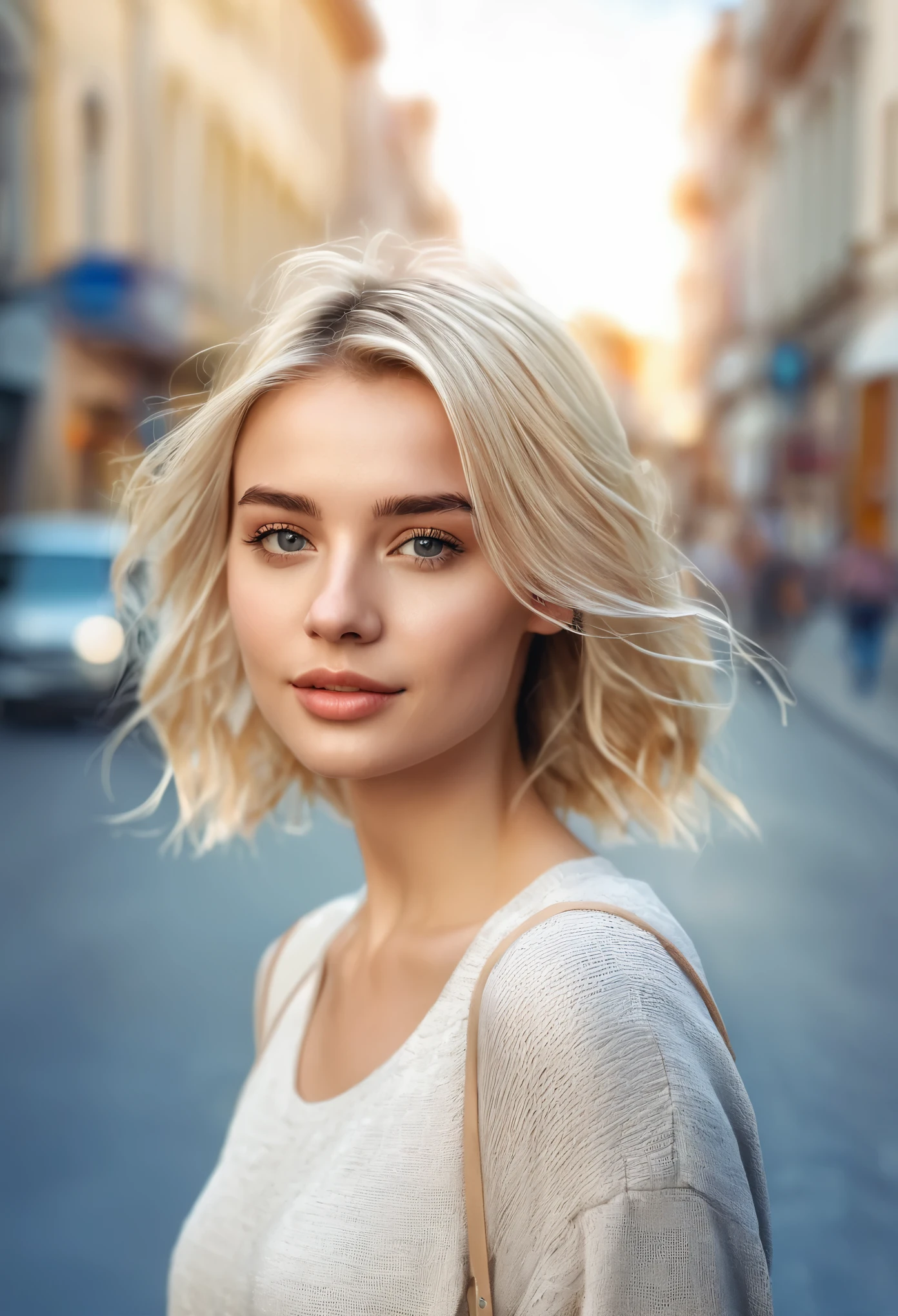 A young woman standing on the street, blur background, beautiful, blonde, photo-realistic