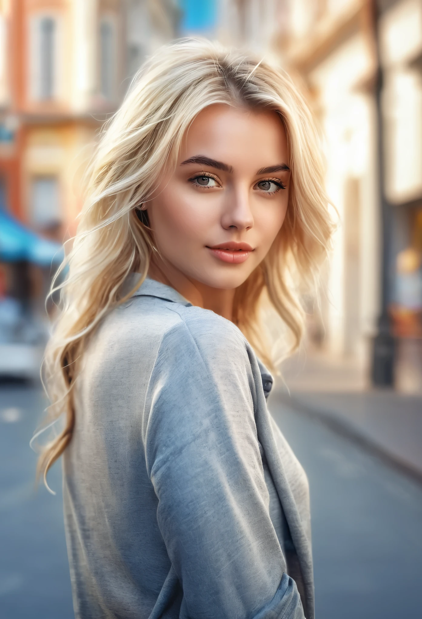 A young woman standing on the street, blur background, beautiful, blonde, photo-realistic