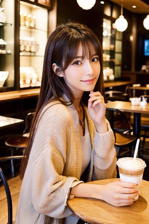 Japanese Beauty:2.0、highest quality、8k、I'm in a stylish cafe、Drinking café au lait:2.0、Sitting with correct posture:1.5、