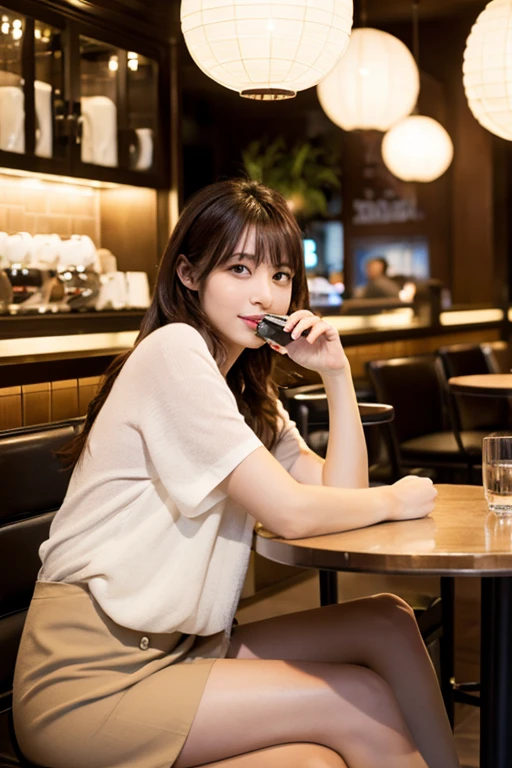 Japanese Beauty:2.0、highest quality、8k、I'm in a stylish cafe、Drinking café au lait:2.0、Sitting with correct posture:1.5、