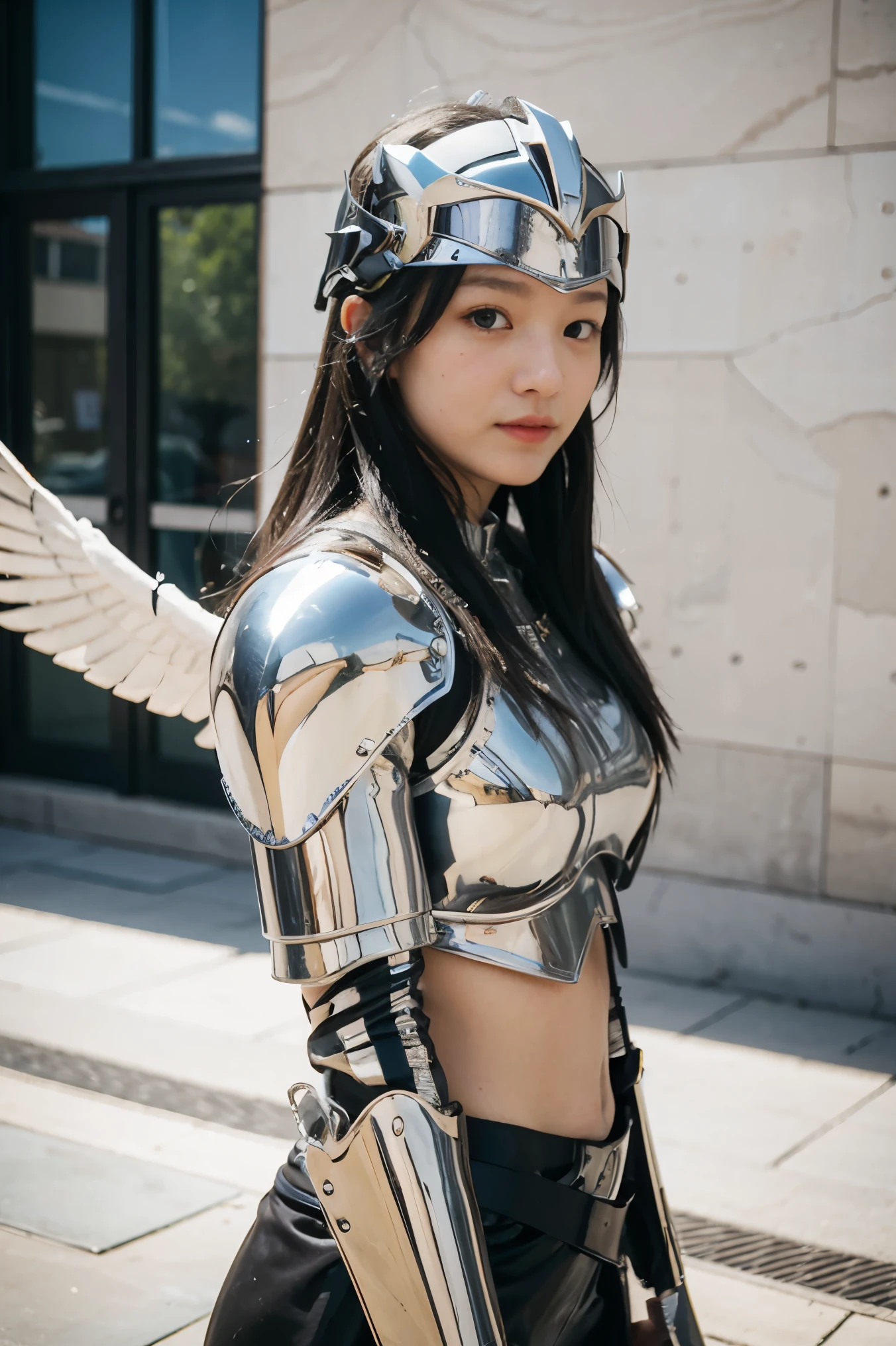 (l1vvydunne:.95), high angle photo of a gorgeous young valkyrie woman in the style of stefan kostic, realistic skin texture,(winged helmet:1.1), (valkyrie armor:1.2), 1 / 2 body crop, 8 5 mm art lens, f 1. 2, sharp focus, 8 k high definition, insanely detailed, intricate, elegant, art by stanley lau and artgerm