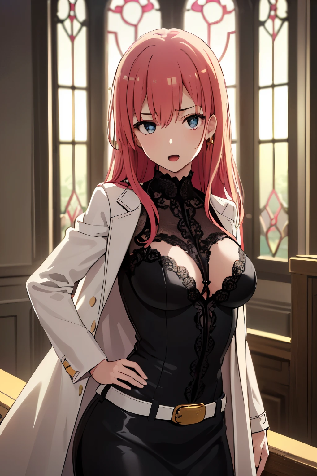 (8K, top-quality, masterpiece:1,2), (anime style1.37), Super Detail, One girl,), (Highly detailed), (beautifully detailed eyes), (of the highest quality), (super detailed ), (masterpiece), (Detailed face),20yr old, ,1 girl, ((pink hair,long hair)), medium breasts, clothed, Perfect Lighting, (upper body:1.5), (voluminous hair, wavy hair), (seductive expression, slightly open mouth), (tilted head), (hands on hips, forward-leaning posture), (old stone prison, window light and shadows), (dramatic lighting, highlighting curves and hair), BRAKE, (red and black:1.2), (floral and lace:1.2), (silk and lace:1.2), woman, 1 girl, (long coat:1.2), (belt:1.2), (plunging neckline:1.3), (flower embroidery:1.3), (black glossy bodysuit:1.4), (high-waisted skirt:1.3), (asymmetrical hem:1.3), (flared silhouette:1.3), (strappy details:1.2), (gold jewelry:1.2), (high heels:1.2), (elegant, sexy and erotic:1.5), BRAKE
