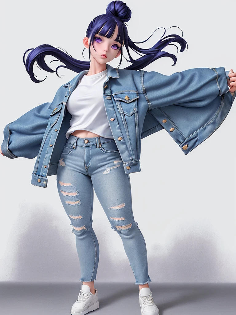 masterpiece, best quality, ((pure white background)), standing, dark blue hair bun,cold face, full body, sexy, 25 year, Denim jacket, white T-shirt, casual pants, (Fashionable clothing), happy, light effect, soft, super clear, high-definition picture, (front), purple eyes, blunt bangs