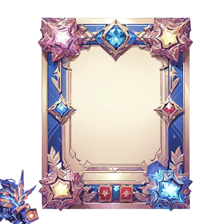Game style card template Chibi. with elements of power, protection and a special detailed square frame at the bottom. Beautiful colors. There is no picture in the middle of the card, the middle is a blank background. Bright, fantasy colors. 4K picture quality.