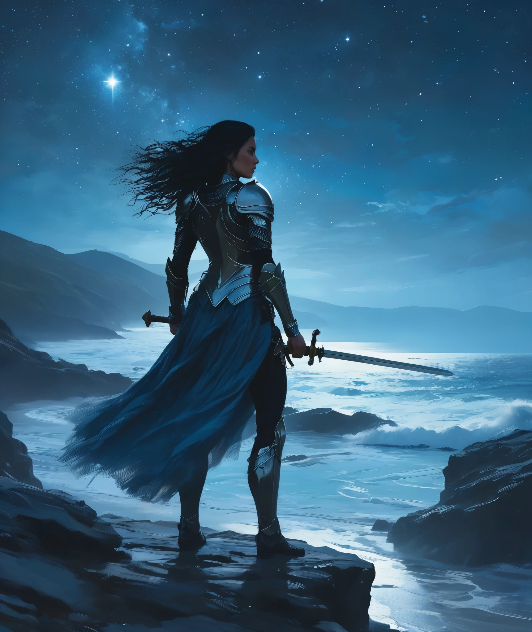 (Exquisite, 4k, 8k, high resolution, masterpiece: 1.2), minimalist journey, anatomically correct, female warrior, a sword, handle, steel armor, flowing black hair, confident expression, brave posture, Strong body, elegant silhouette, windswept coast, stunning scenery, blue coastline under the stars, night, subtle color palette, cold blue and black tones, dappled starlight, soft shadows, ethereal Atmosphere, delicate brushwork, impressionistic style, solo