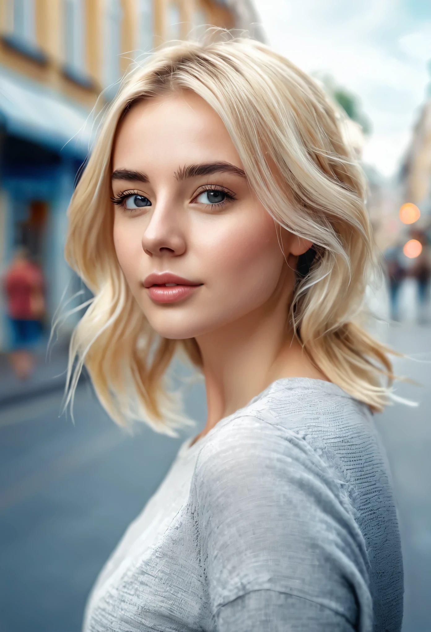 A young woman standing on the street, blur background, beautiful, blonde, photo-realistic