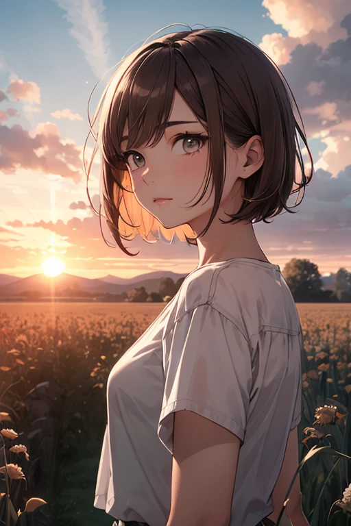 A 15yo girl standing in field,Light brown short bob hair,White blouse, closeup, portrait, clouds, sunrise