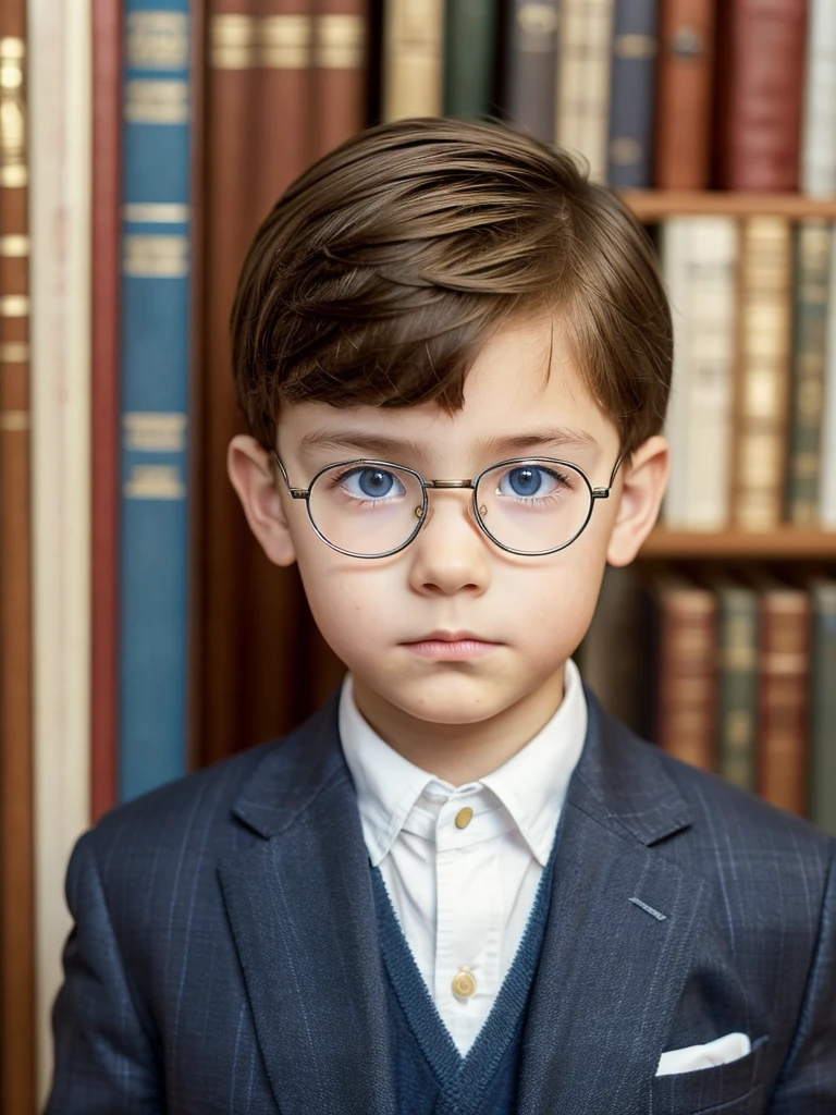  boy, with blue eyes and glasses, latino, in 19th century clothing, in a library 