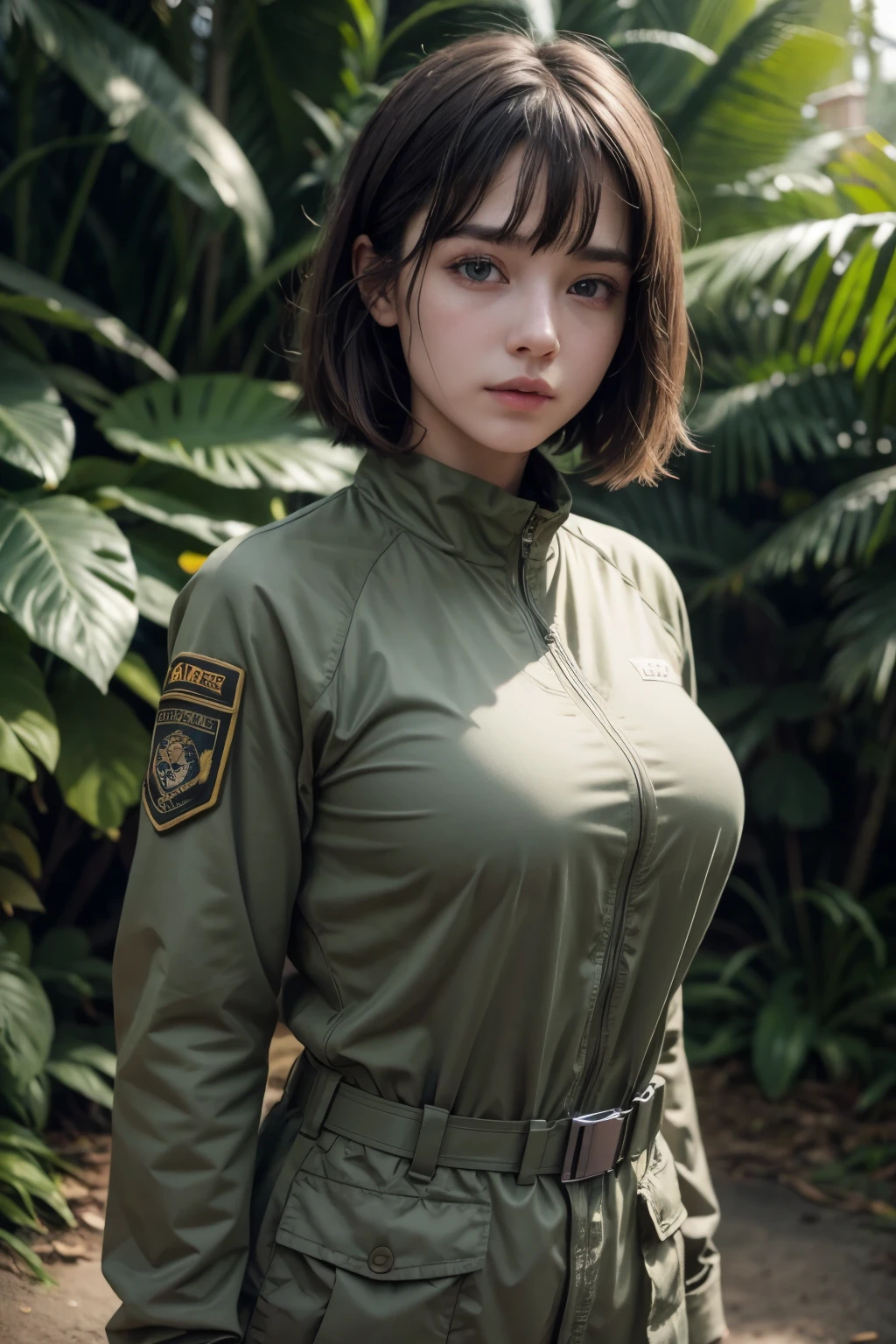 ((Best quality, 8k, Masterpiece :1.3)), beautiful north Korean female, wearing camoflage outfit, ghillie suit, mil.gloves, chest rig, military body armor, military helmet, realistic shadow, realistic 3d, photogenic,fit body, forest background, perfect scale, perfect arms and fingers, bright brown hair, short hair, high_resolution,weapon