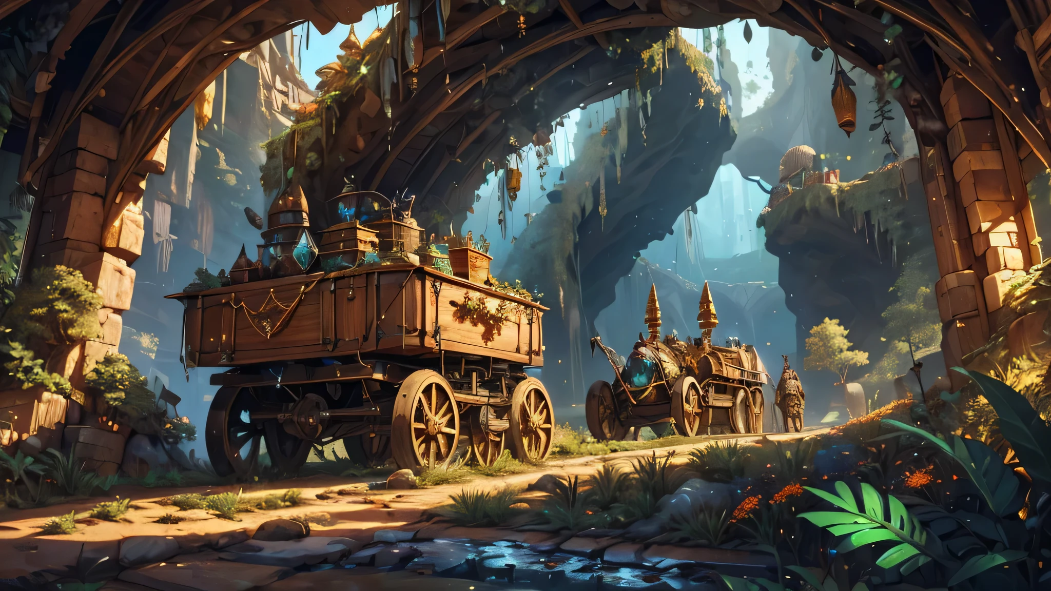 (highres:1.2),detailed scene,underground mining,beautifully lit caves,mineral-rich tunnels,detailed rock formations and crystals,glimmering gemstones,dwarves in mining gear,mining carts filled with minerals,lush underground vegetation,mysterious atmosphere,traditional dwarven architecture,majestic mining machinery,extremely detailed tools