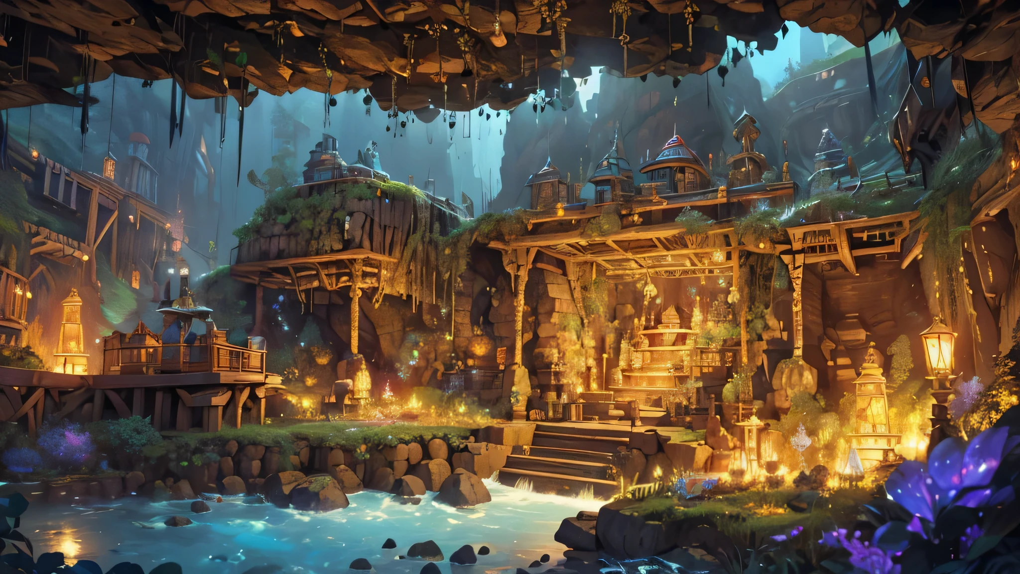 (highres:1.2),detailed scene,underground mining,beautifully lit caves,mineral-rich tunnels,detailed rock formations and crystals,glimmering gemstones,dwarves in mining gear,mining carts filled with minerals,lush underground vegetation,mysterious atmosphere,traditional dwarven architecture,majestic mining machinery,extremely detailed tools