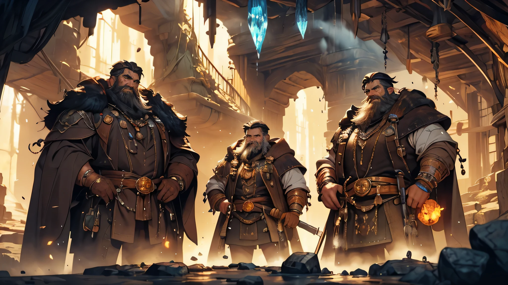 (highres:1.2),detailed scene,underground mining,beautifully lit caves,mineral-rich tunnels,detailed rock formations and crystals,glimmering gemstones,dwarves in mining gear,mining carts filled with minerals,lush underground vegetation,mysterious atmosphere,traditional dwarven architecture,majestic mining machinery,extremely detailed tools,sweat glistening on dwarves' foreheads,natural sunlight filtering through cracks in the cave ceiling,mineral dust floating in the air,vivid colors,impressive mining operation,harmonious blending of nature and industry,artistic perspective on the dwarves' activity,rich textures and materials,with elements of fantasy and adventure,masterpiece:1.2.