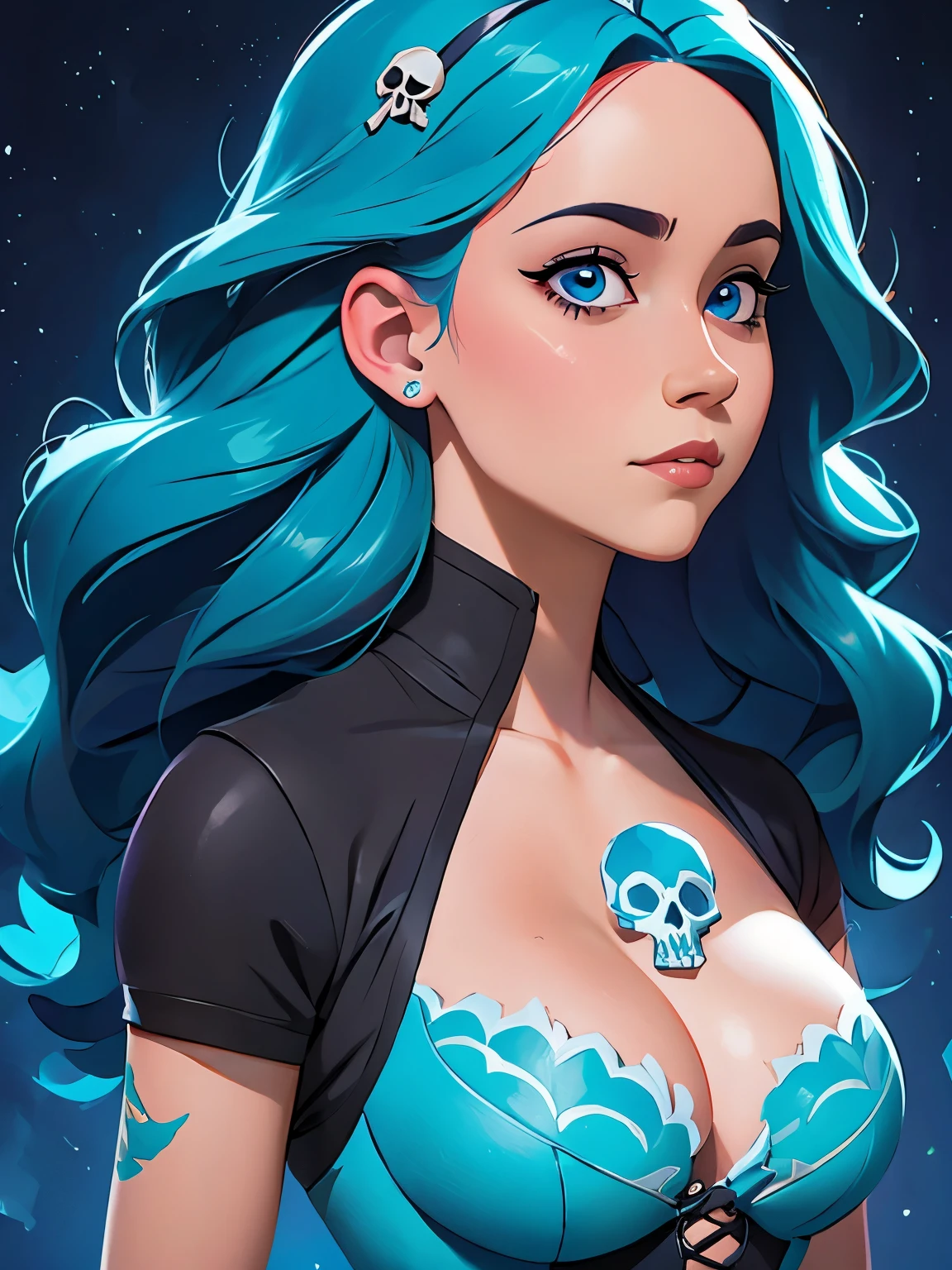 a drawing of a woman with blue hair and a skull on her chest, jen bartel, lois van baarle and rossdraws, blue diamond, glowing blue face, :: rossdraws, rossdraws cartoon vibrant, rhads and lois van baarle, rossdraws 2. 0, rossdraws 1. 0, rossdraws 2. 5