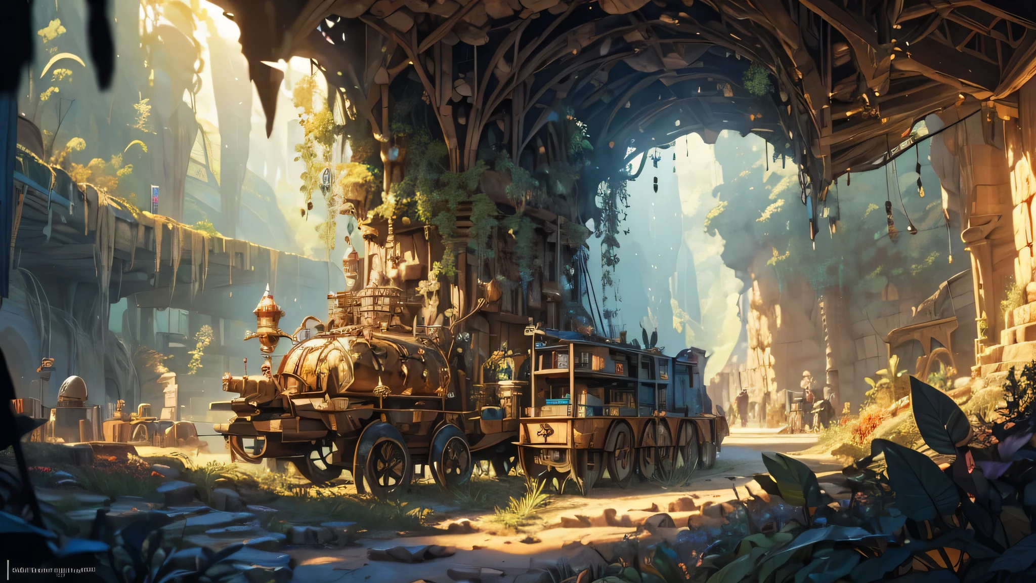 (highres:1.2),detailed scene,underground mining,beautifully lit caves,mineral-rich tunnels,detailed rock formations and crystals,glimmering gemstones,dwarves in mining gear,mining carts filled with minerals,lush underground vegetation,mysterious atmosphere,traditional dwarven architecture,majestic mining machinery,extremely detailed tools,sweat glistening on dwarves' foreheads,natural sunlight filtering through cracks in the cave ceiling,mineral dust floating in the air,vivid colors,impressive mining operation,harmonious blending of nature and industry,artistic perspective on the dwarves' activity,rich textures and materials,with elements of fantasy and adventure,masterpiece:1.2.