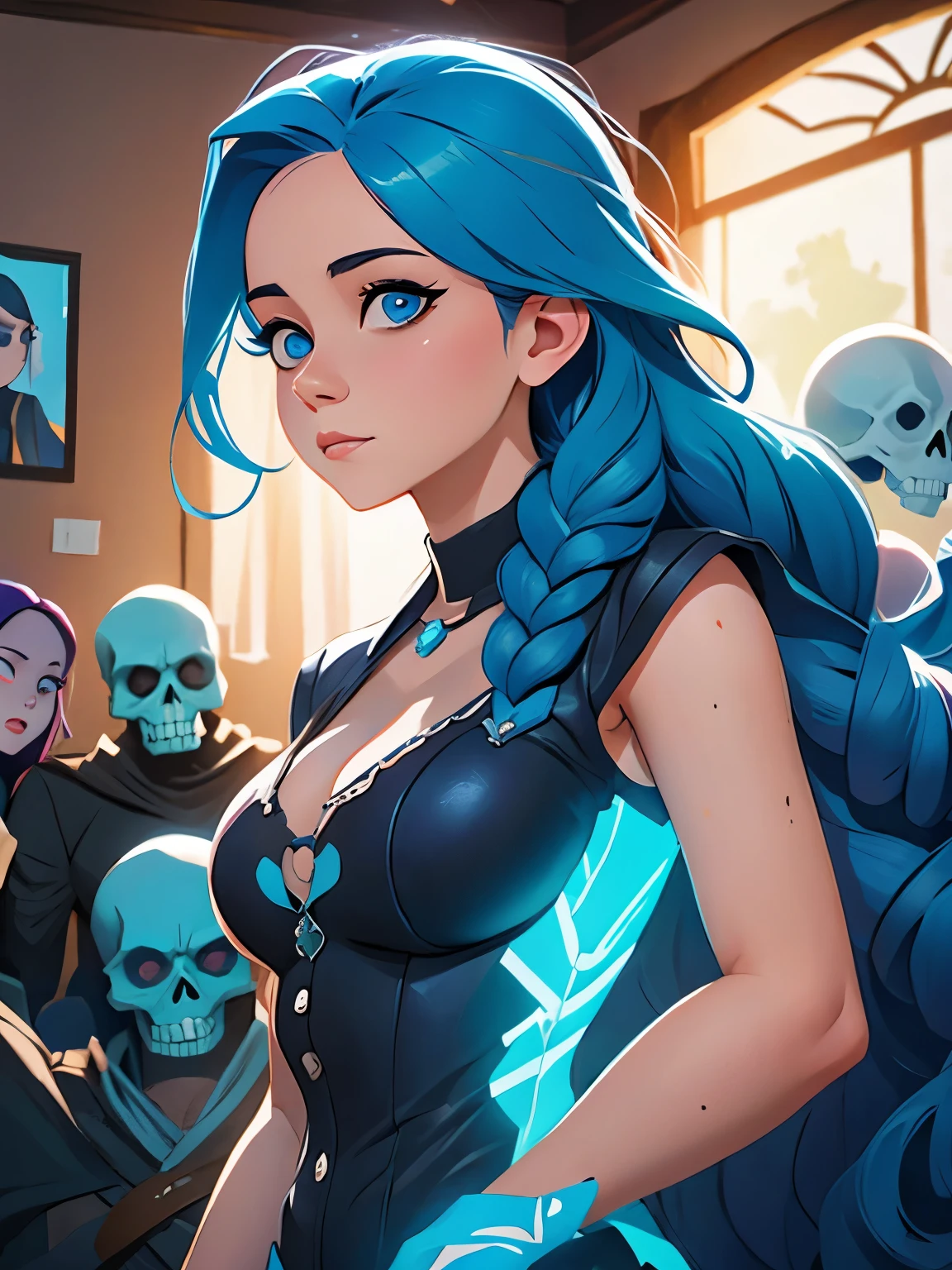 a drawing of a woman with blue hair and a skull on her chest, jen bartel, lois van baarle and rossdraws, blue diamond, glowing blue face, :: rossdraws, rossdraws cartoon vibrant, rhads and lois van baarle, rossdraws 2. 0, rossdraws 1. 0, rossdraws 2. 5