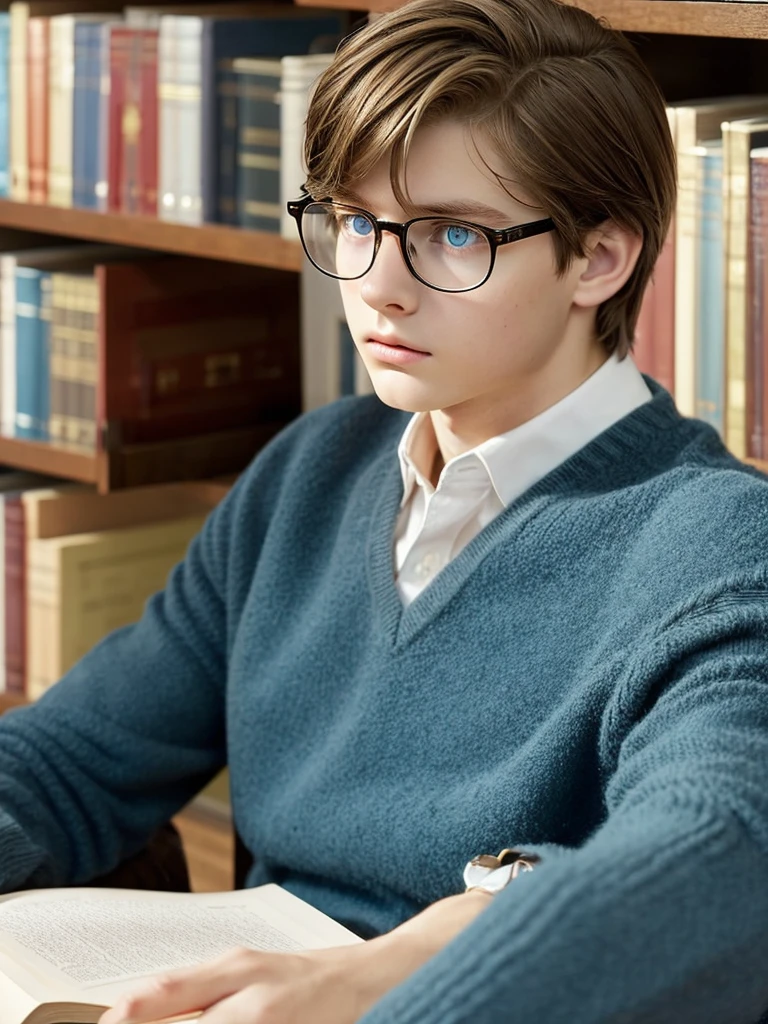 A boy of 11 years with light brown hair blue eyes white skin fine features fine European features in fine elegant clothes firm look sad melancholic serious with discreet glasses in the home library