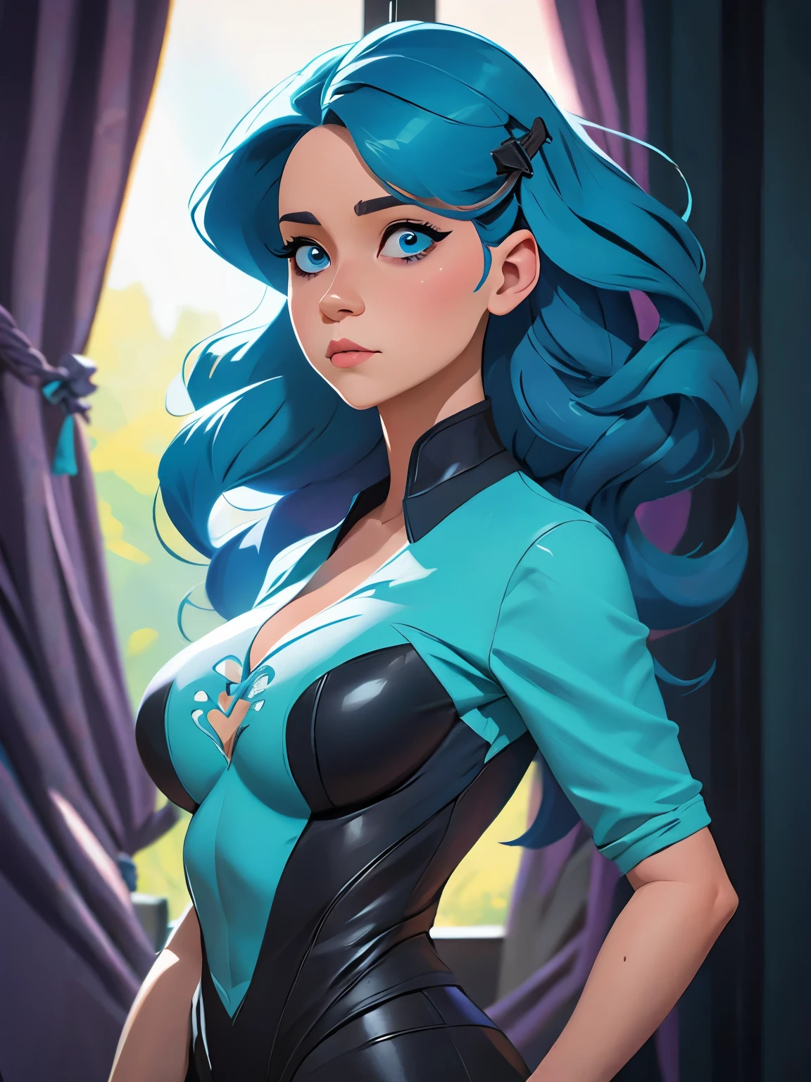 a drawing of a woman with blue hair and a skull on her chest, concept art inspired by Lois van Baarle, Artstation, fantasy art, jen bartel, lois van baarle and rossdraws, blue diamond, glowing blue face, :: rossdraws, rossdraws cartoon vibrant, rhads and lois van baarle, rossdraws 2. 0