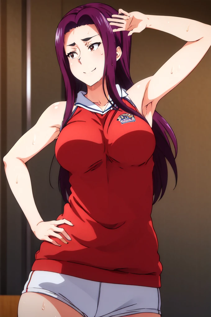 sakaki ryouko, masterpiece, best quality, highres, solo, volleyball uniform, standing, cowboy shot, smile, hand on hip, anime. skins, sweating, big breasts, both hands raised, armpits, armpits visible, dripping with sweat, more more sweat, sweaty armpits. rise armpit.