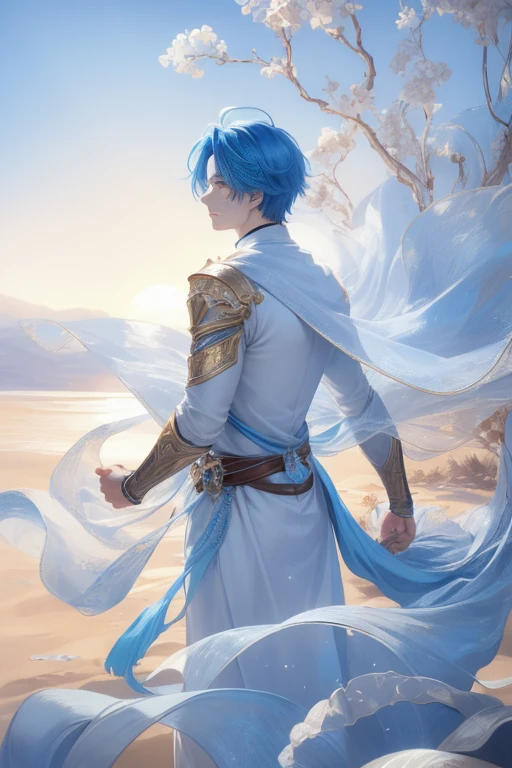 Beautifully drawn, High quality, Ultra-detailed CG illustration of a young man with a calm expression, Gaze into the distance，His striking light blue hair fluttered gently in the desert breeze. The landscape behind him is vast and breathtaking, Transports viewers to a world of wonder and exploration.