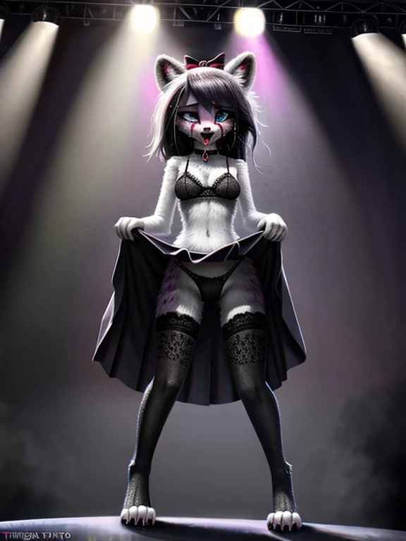 (white fur, semi-anthro), female hyena, [:fennec:12], [:mouse:18]), solo digitigrade, standing, (spreading legs:0.6), (happytrail:0.7), (flat chested), nipple outline, cameltoe, long black hair, messy hair, (black eyeshadow lips claws), ([:purple eyeshadow lips claws:18]), silver hoop ear rings, long ears, raised tail, (hot pink ribbon, collar), (hair ribbon, tail ribbon), lace panties, lace bra, lace stockings, (wet underwear:1.1), blushing, teal eyes, (slit pupils:1.2), eye roll, long eyelashes, whiskers, running makeup, mascara tears, shortstack, slim, small waist, begging pose, tongue out, on stage, very short skirt, pleated skirt, (skirt lift:1.1), toeless stockings, (black clothing, black underwear), spotlight, purple curtain in background, standing over mirror, low angle view, [by v-tal:by himeragoldtail:16], (by trigaroo:1.22), (by toots, by syn-6), by enginetrap, (by fuel /artist/), (by funkybun:0.5), (whisperfoot:0.6), (by kenket:0.8), [:(translucency, (detailed fur hands feet breasts)):1.2):18]
