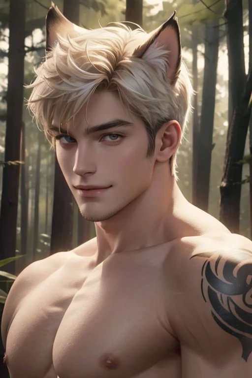 Full Body photorealistic 4k, high resolution, best quality, masterpiece, perfect color, perfect shade, perfect lighting, Posted by e621, ((portrait)), ((handsome man)), perfect male figure, Short hair details,Naked and nude torso,Detailed face, perfect face, (stood up), Detailed background, ((Bonifasco Lighting)), (delicate eyes),(animal ears:white cat),((big fluffy tail)),tattoo,((forest)),emaciated. Smiling