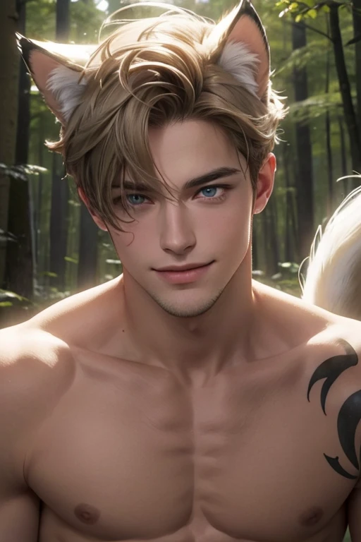 Full Body photorealistic 4k, high resolution, best quality, masterpiece, perfect color, perfect shade, perfect lighting, Posted by e621, ((portrait)), ((handsome man)), perfect male figure, Short hair details, and nude o,Detailed face, perfect face, (stood up), Detailed background, ((Bonifasco Lighting)), (delicate eyes),(animal ears:white cat),((big fluffy tail)),tattoo,((forest)),emaciated. Smiling