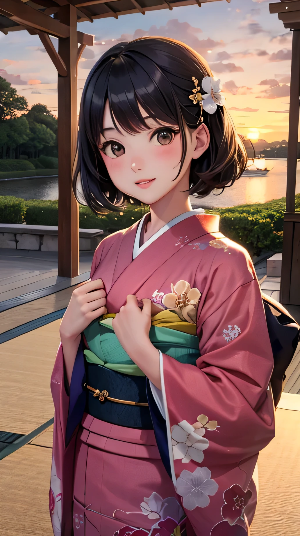 Anime girl in kimono outfit standing in front of a lake - SeaArt AI