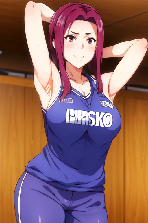 sakaki ryouko, masterpiece, best quality, highres, solo, volleyball uniform, standing, cowboy shot, smile, hand on hip, anime. skins, sweating, big breasts, both hands raised, armpits, armpits visible, dripping with sweat, more more sweat, sweaty armpits. rise armpit, tummy show off.