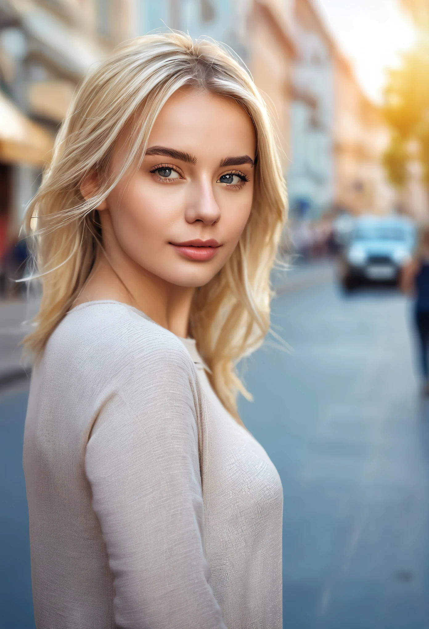 A young woman standing on the street, blur background, beautiful, blonde, photo-realistic