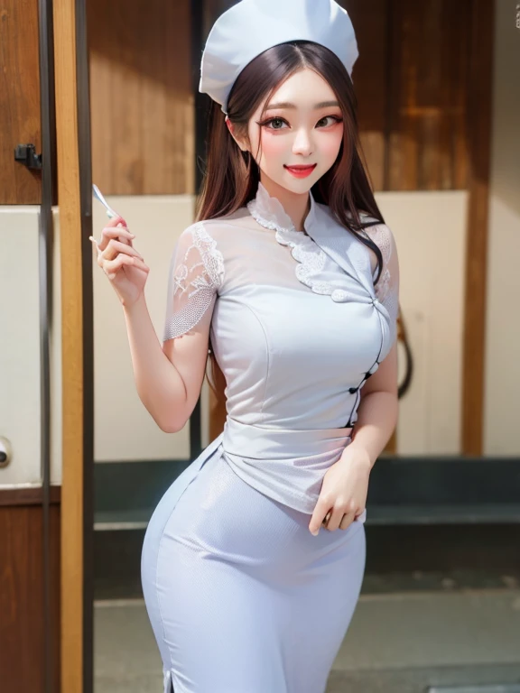 Nurse white top coat high hips, medium breasts, impressive body, long skirt, red smile, welcoming likeness, crystal clear, highest image, intricate detail work.