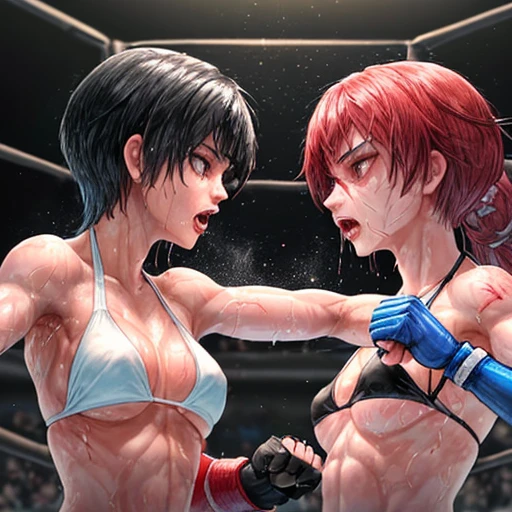 Two beautiful female fighters, each slamming their fists into the other's body in the octagon, in a battle royal between two beautiful female fighters. Wounded all over. Out of breath, mouth open. She is drenched in sweat. bikini, open finger gloves. Erect nipples. Short-cut black hair.