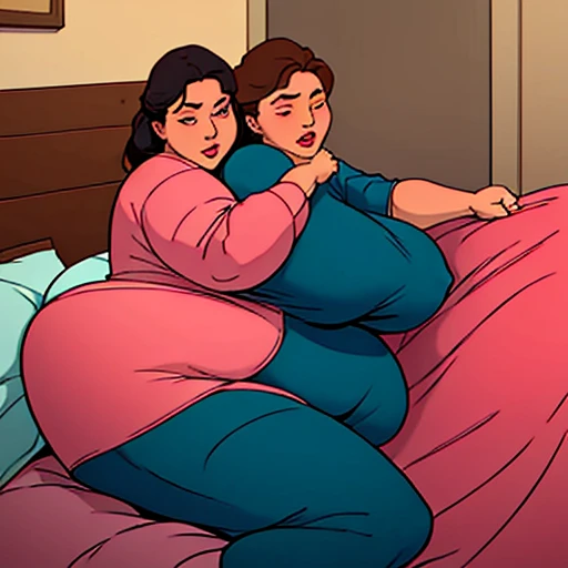 a comic page about a fully pajama wearing 24 year old extremely fat woman adjusting to her first night with her 40 year old busty mother as her second head on her immobile two headed body. She’s clearly uncomfortable with her mother using her now two headed 1200 pound morbidly obese body with her hand under the cover of the blanket.
